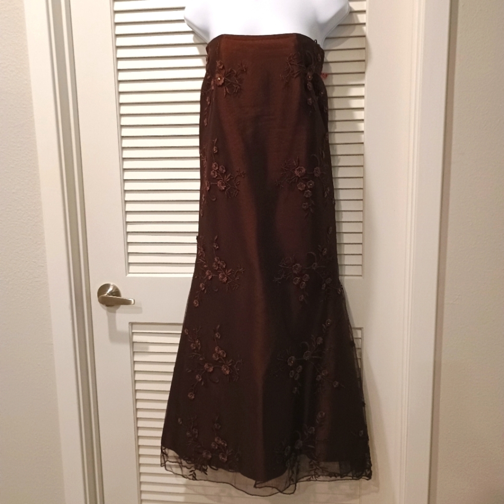 Rose Taft Couture Elegant Beaded Brown Toole Floral Dress Size 12 Belt Missing